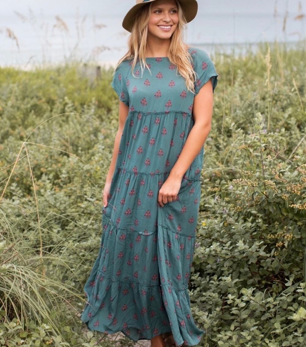Natural Life Berkley Tiered Maxi Dress Boho Floral Print Modest Square Neck XL